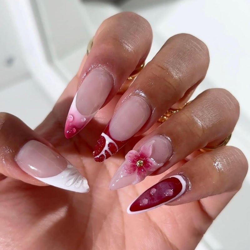 SEENEEY Long Press on Nails Almond Fake Nails Red Artificial Nail Pink Flowers Designs Stick on Nail for Women 24pcs - Image 1